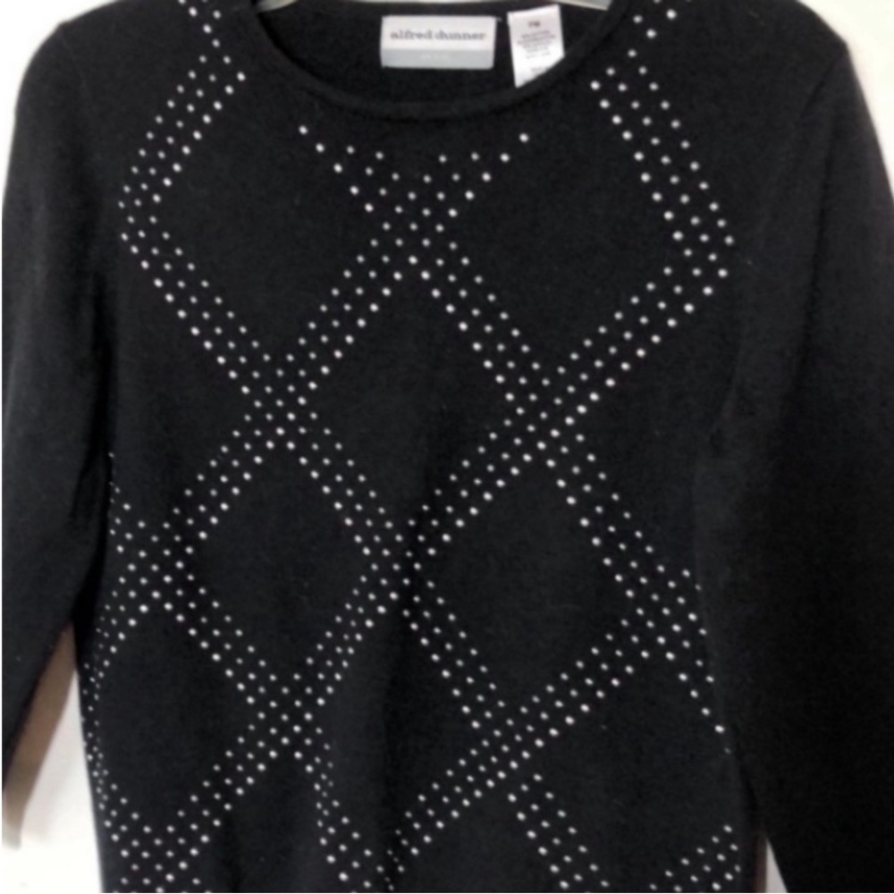 Alfred Dunner Sweater Black Argyle Plaid Checkered Diamond Gems Metallic Knit PM - Picture 5 of 16